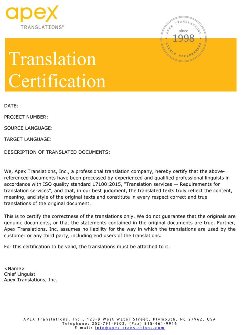 Professional Translation Certification Apex Translations